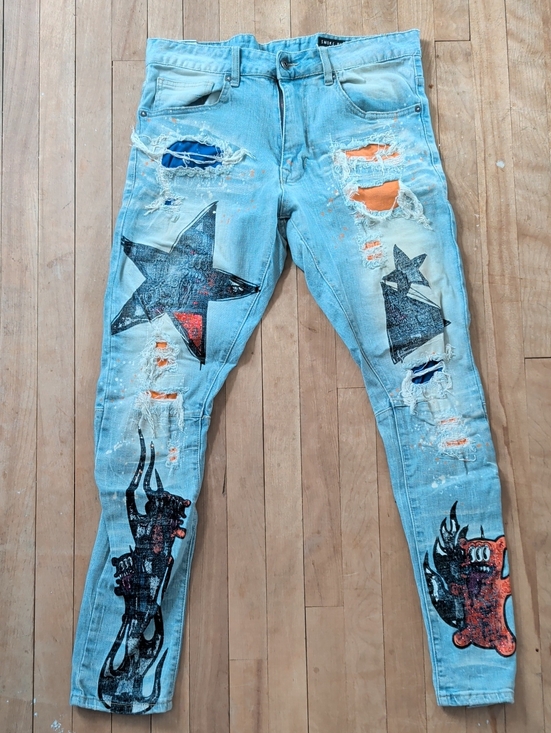 smoke rise ny Other - Smoke Rise NY Distressed Light Wash Jeans with Star & Graphic Patches 34 x 32